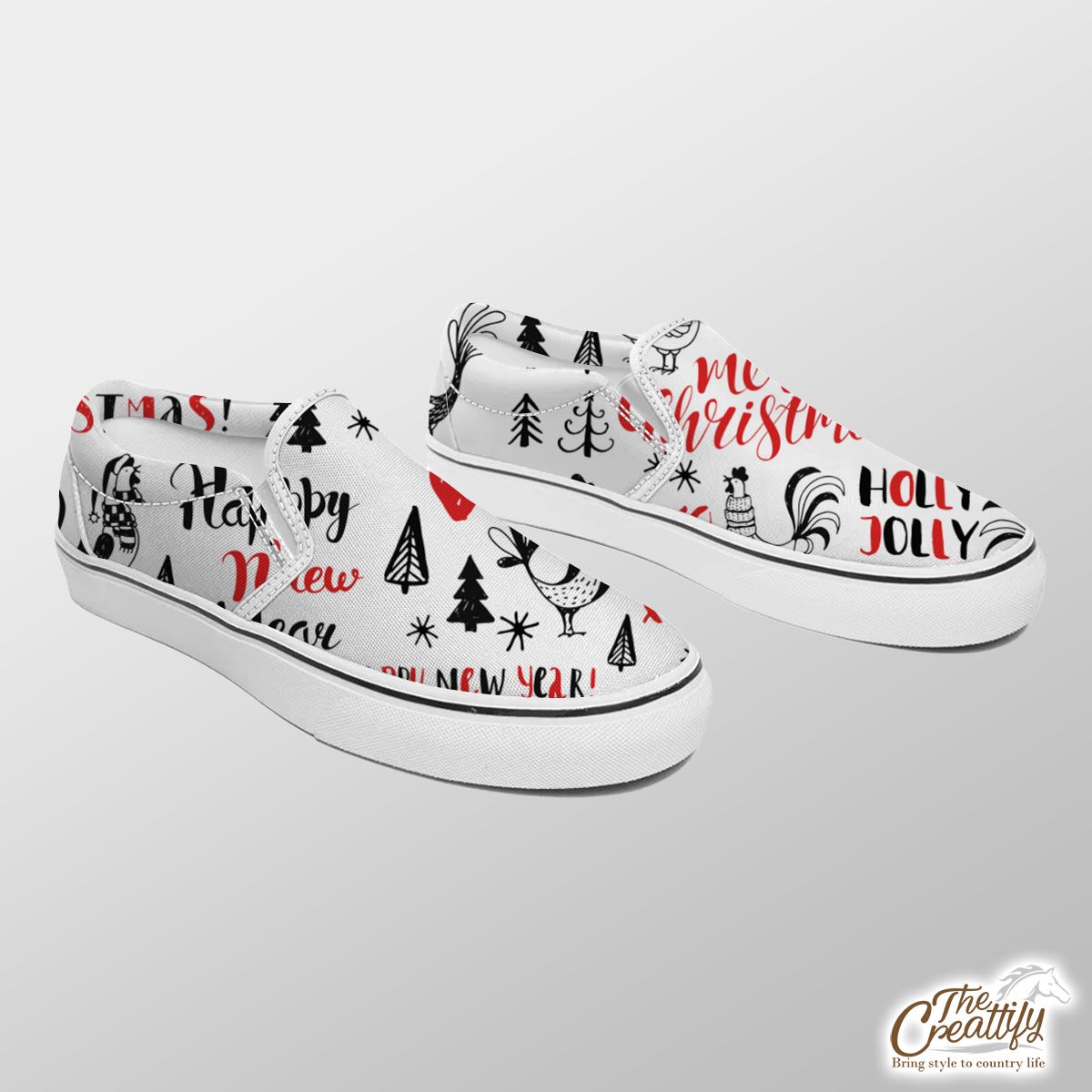 Holly Jolly, Merry Christmas With Turkey And Pine Tree Silhouette White Pattern Slip On Sneakers