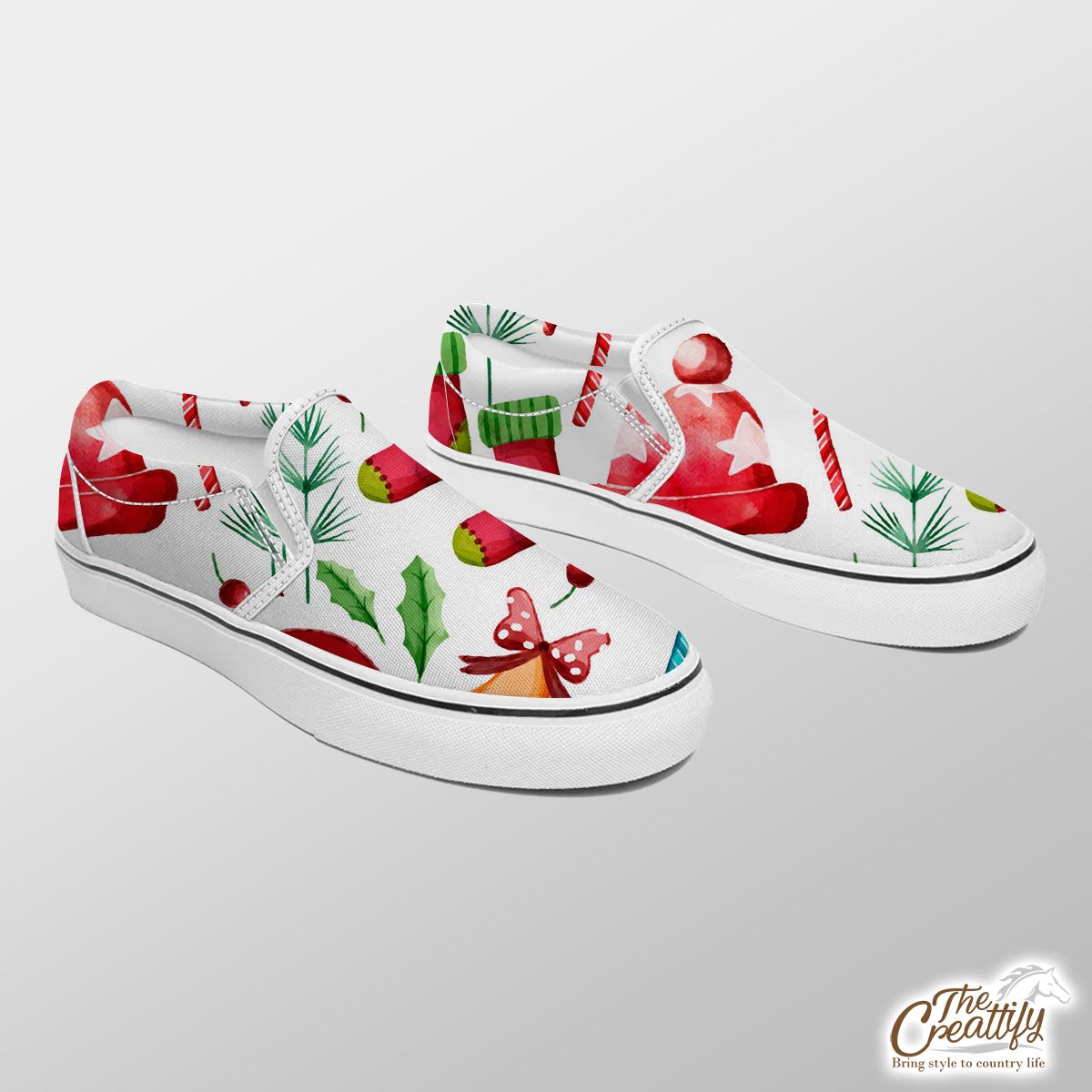 Santa Claus, Christmas Hat, Red Socks, Candy Canes, Bells And Holly Left Slip On Sneakers