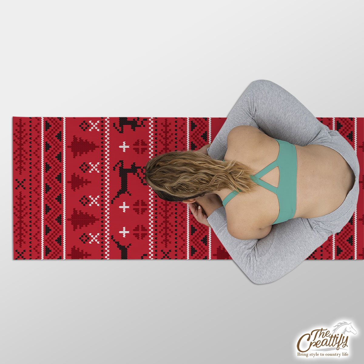 Christmas Reindeer, Pine Tree Silhouette On The Red Background Yoga Mat