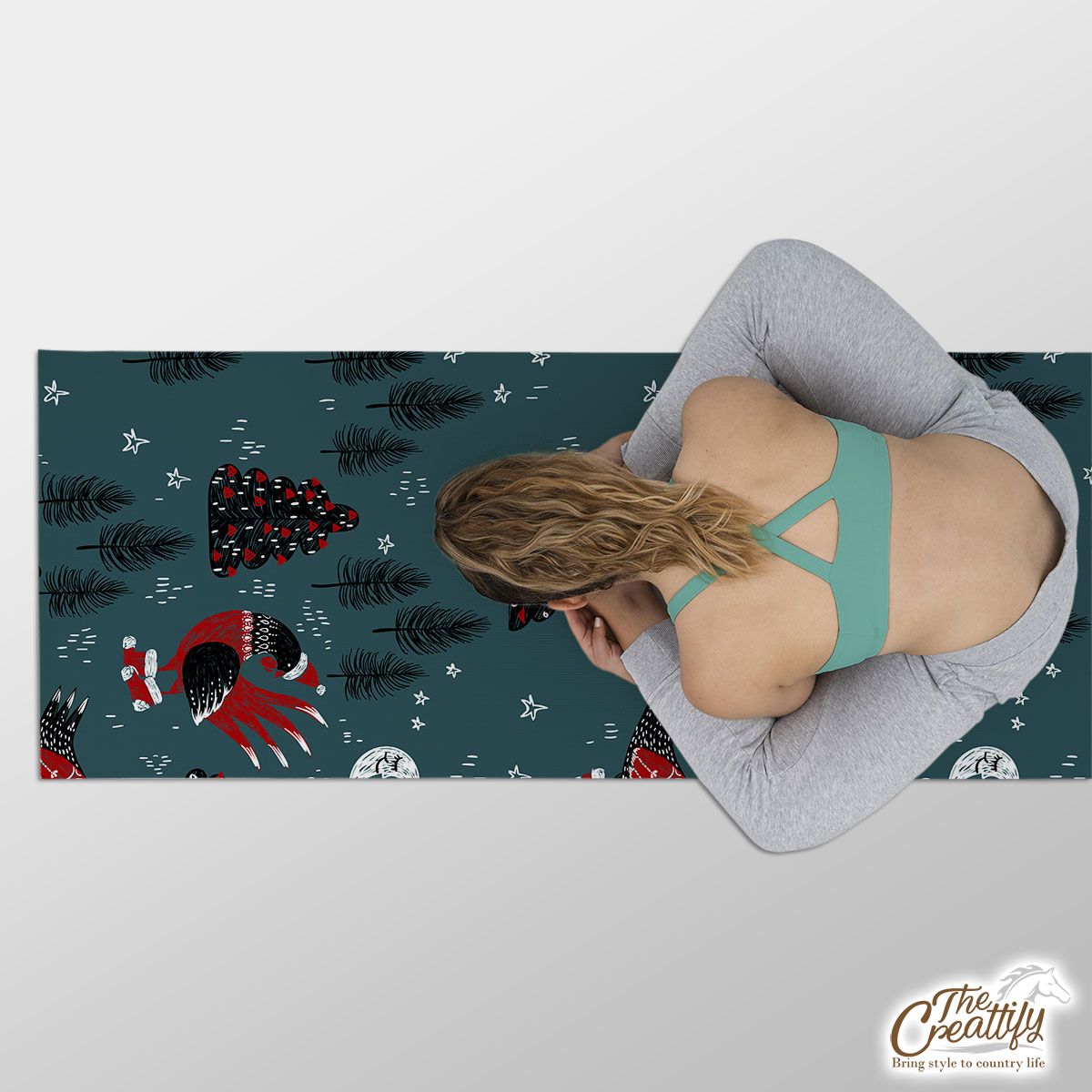 Christmas Turkey With Santa Hat, Sweater And Red Socks On The Pine Tree Background Yoga Mat