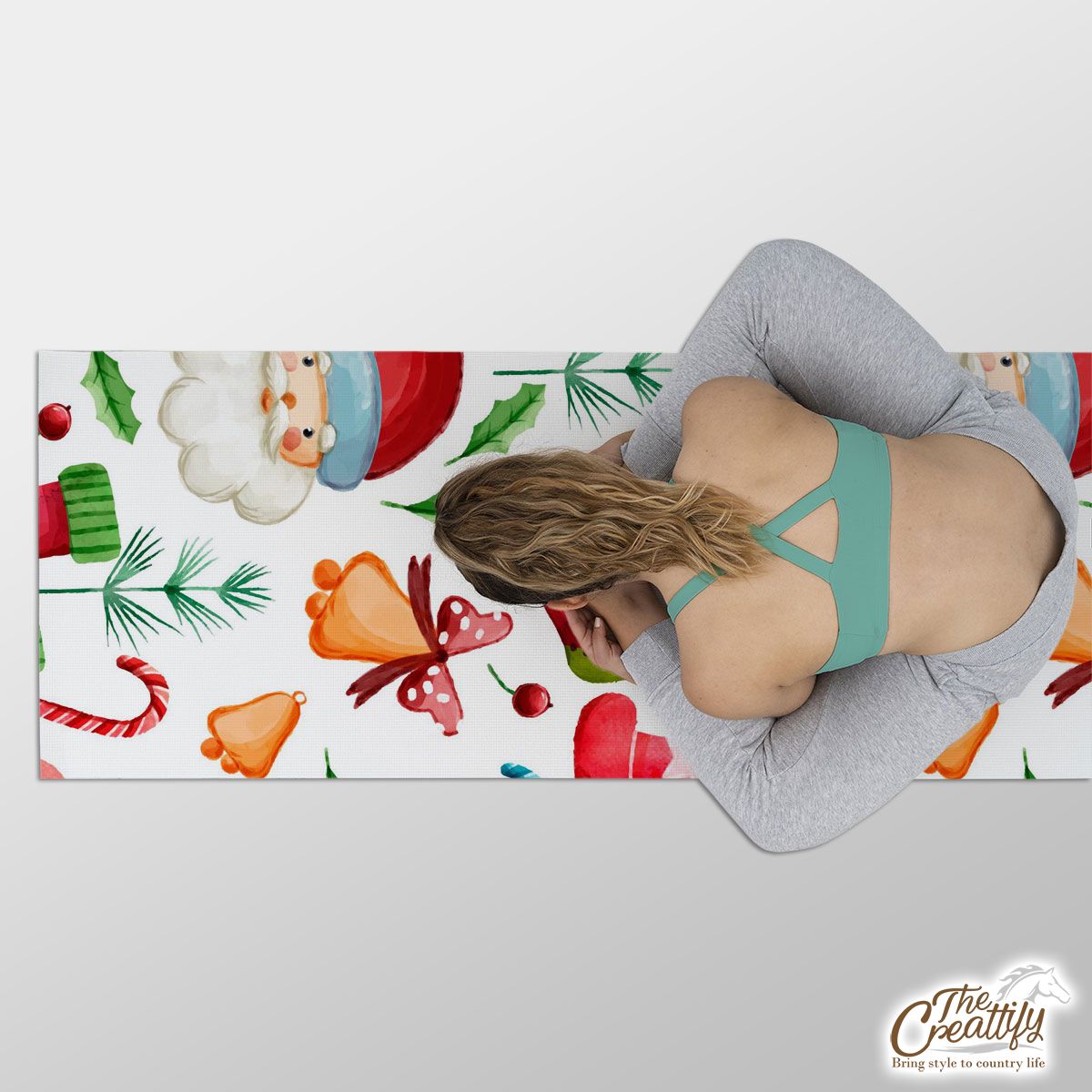 Santa Claus, Christmas Hat, Red Socks, Candy Canes, Bells And Holly Left Yoga Mat