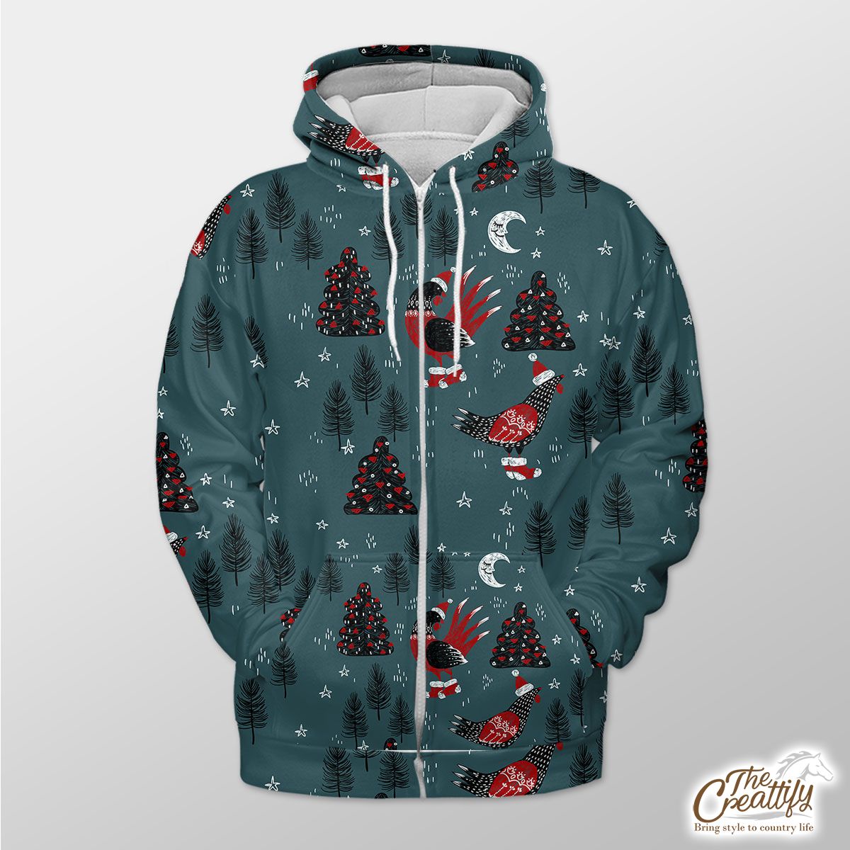 Christmas Turkey With Santa Hat, Sweater And Red Socks On The Pine Tree Background Zip Hoodie
