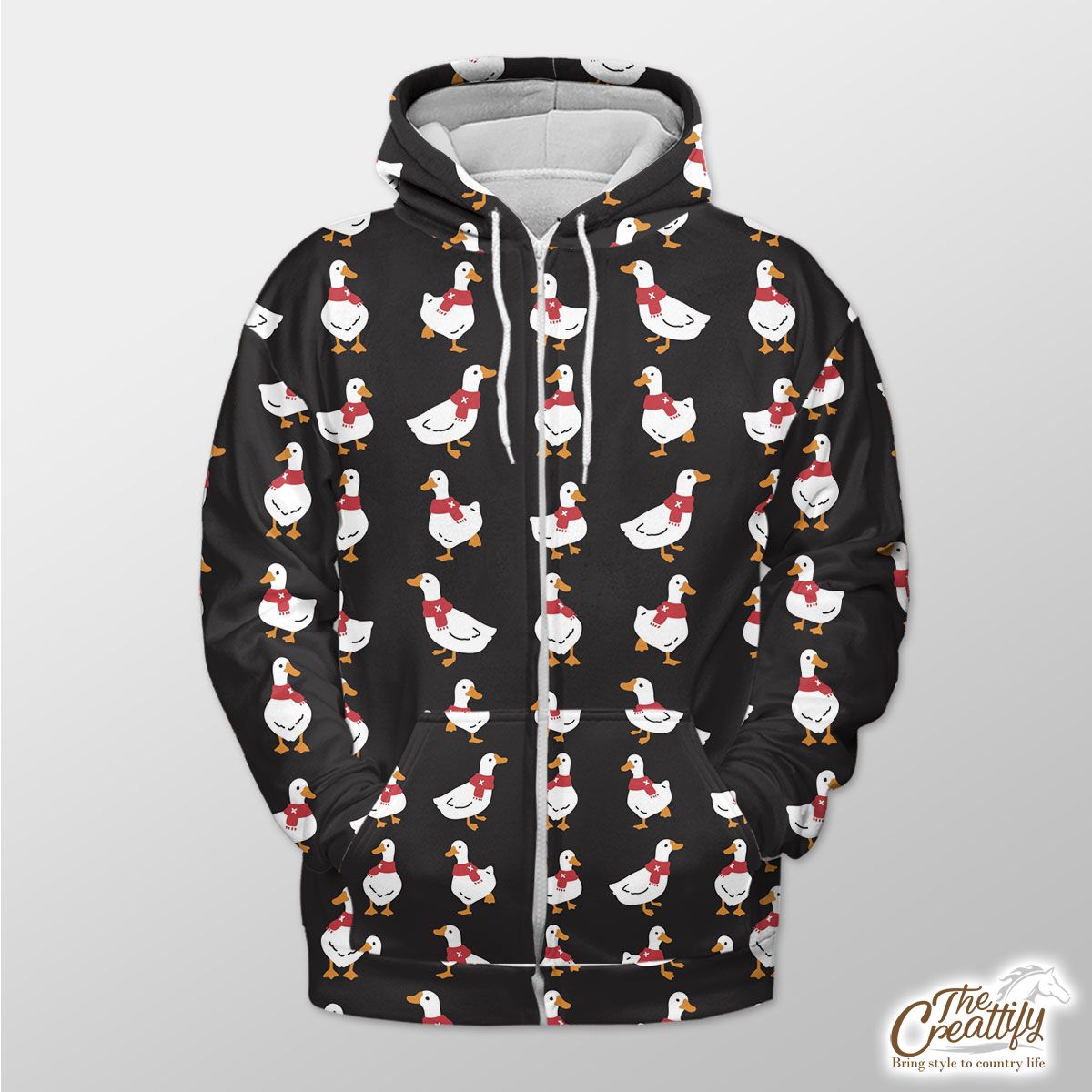 Duck With Christmas Scarf On The Dark Background Zip Hoodie