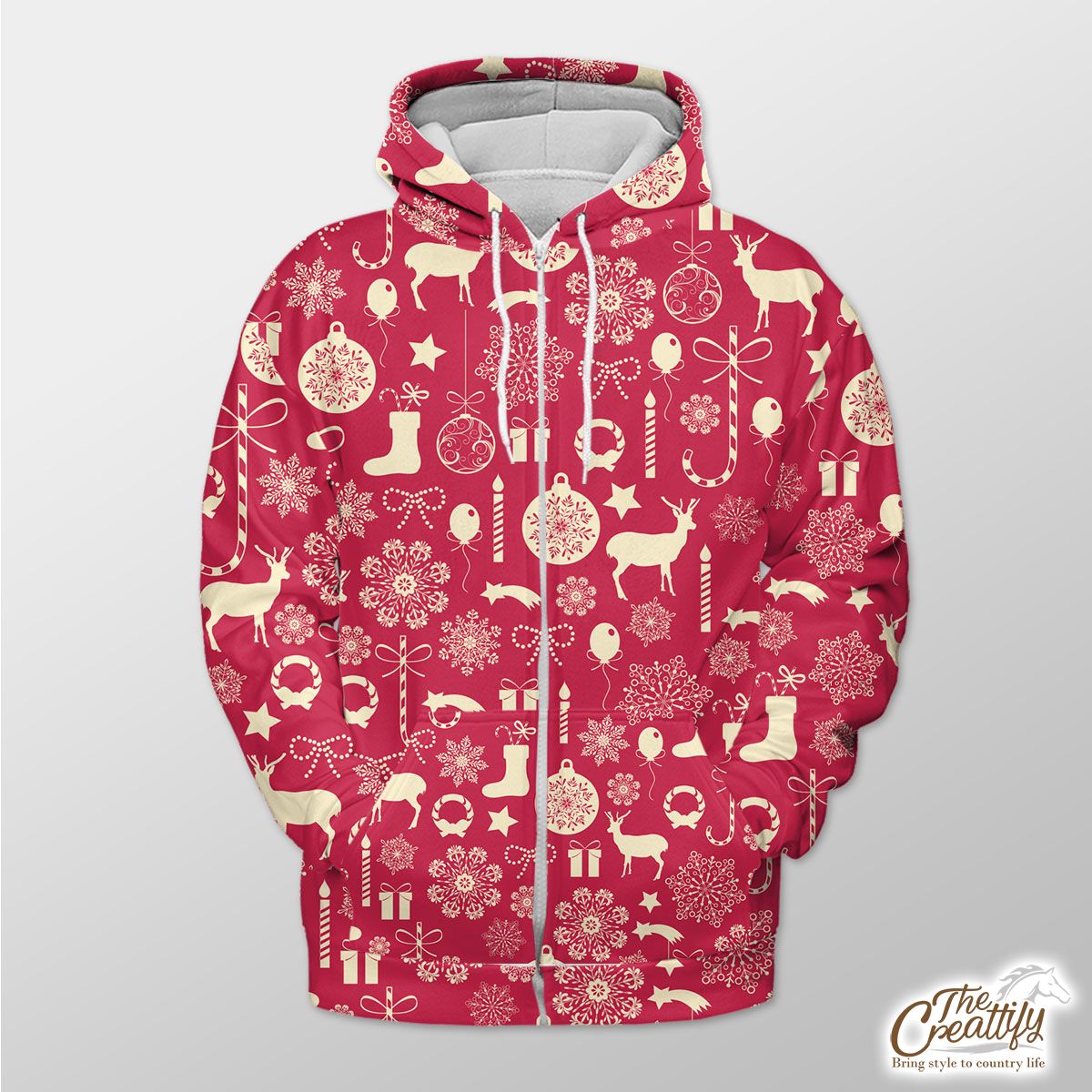 Happy Christmas With Reindeer, Christmas Balls, Socks, Candy Canes On Snowflake Background Zip Hoodie