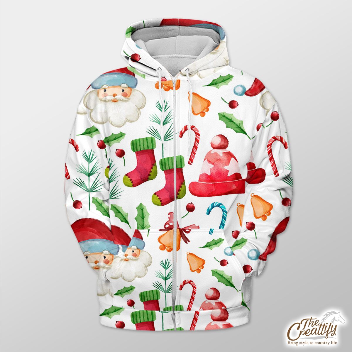 Santa Claus, Christmas Hat, Red Socks, Candy Canes, Bells And Holly Left Zip Hoodie