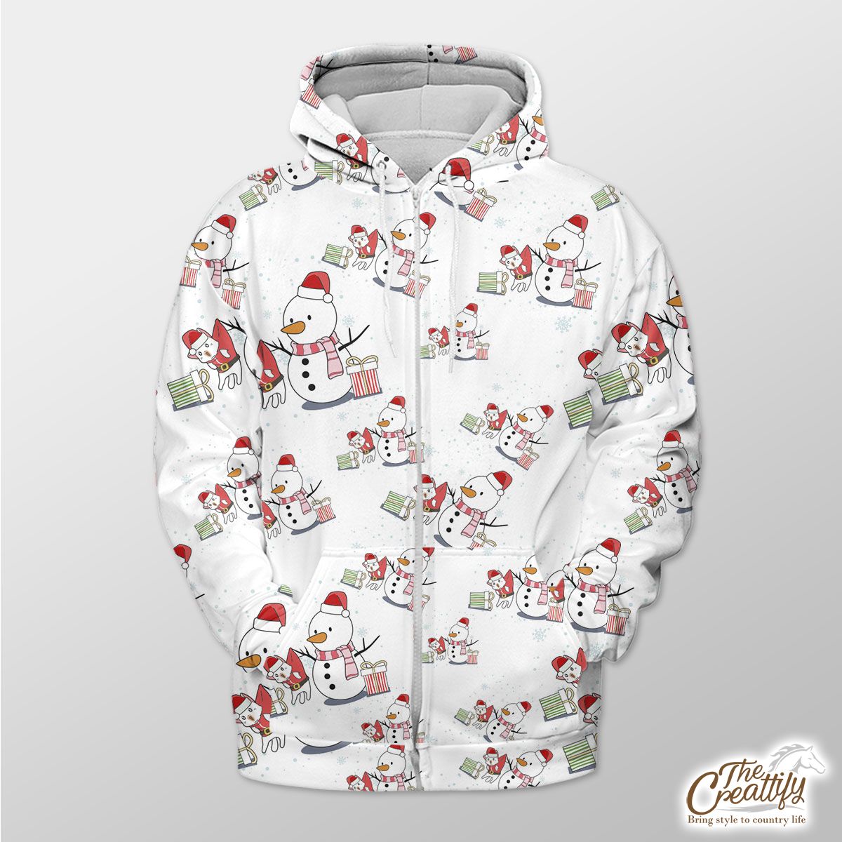 Snowman Clipart With Christmas Gifts Seamless Snowflake Background Zip Hoodie