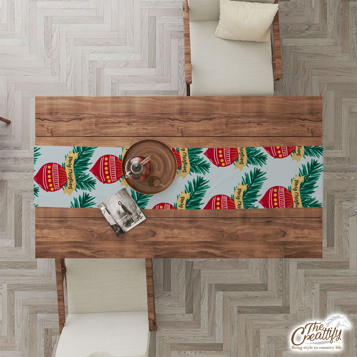 Merry Christmas Balls With Pine Tree Branch Seamless Pattern Table Runner