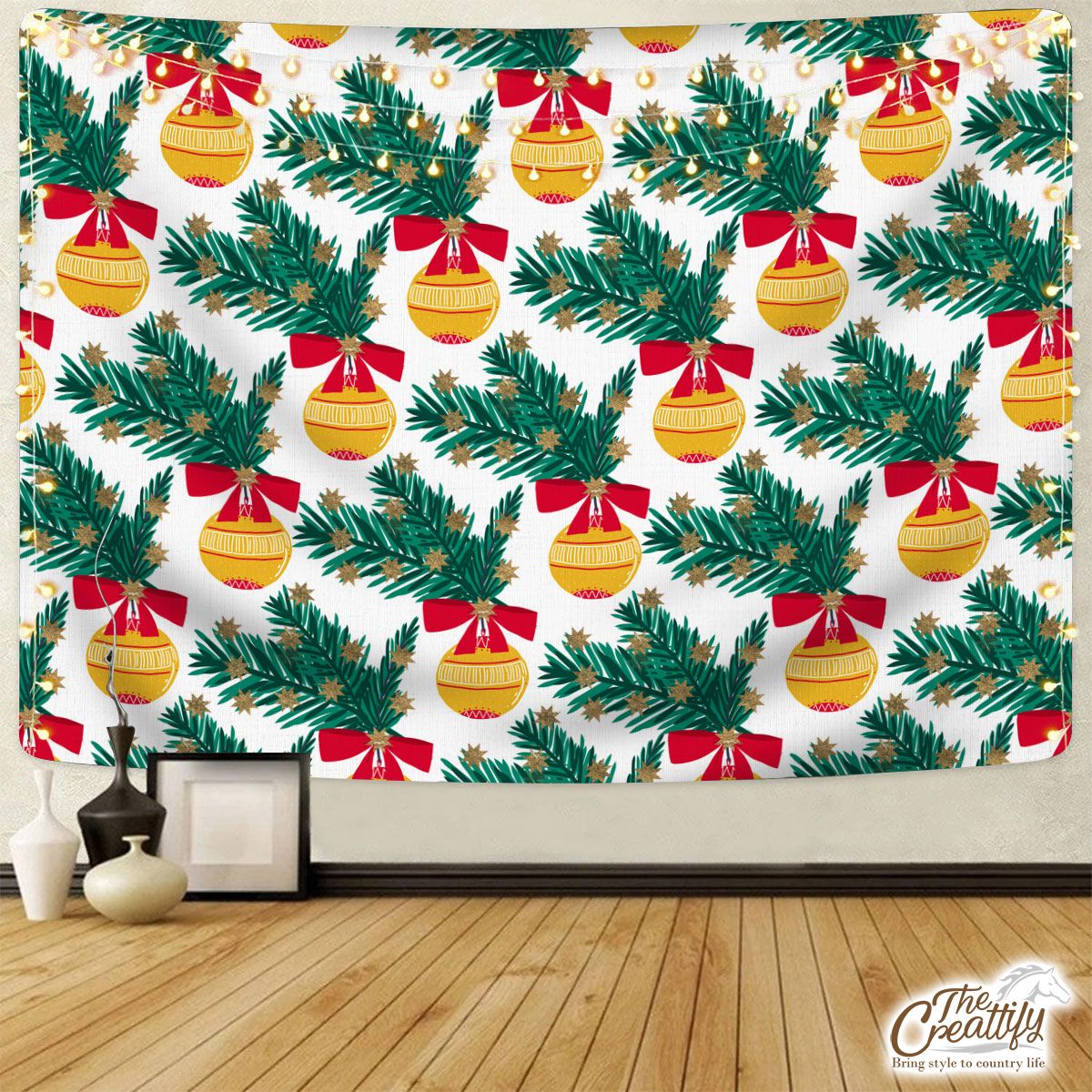 Christmas Balls With Pine Tree Branch Seamless Pattern Tapestry