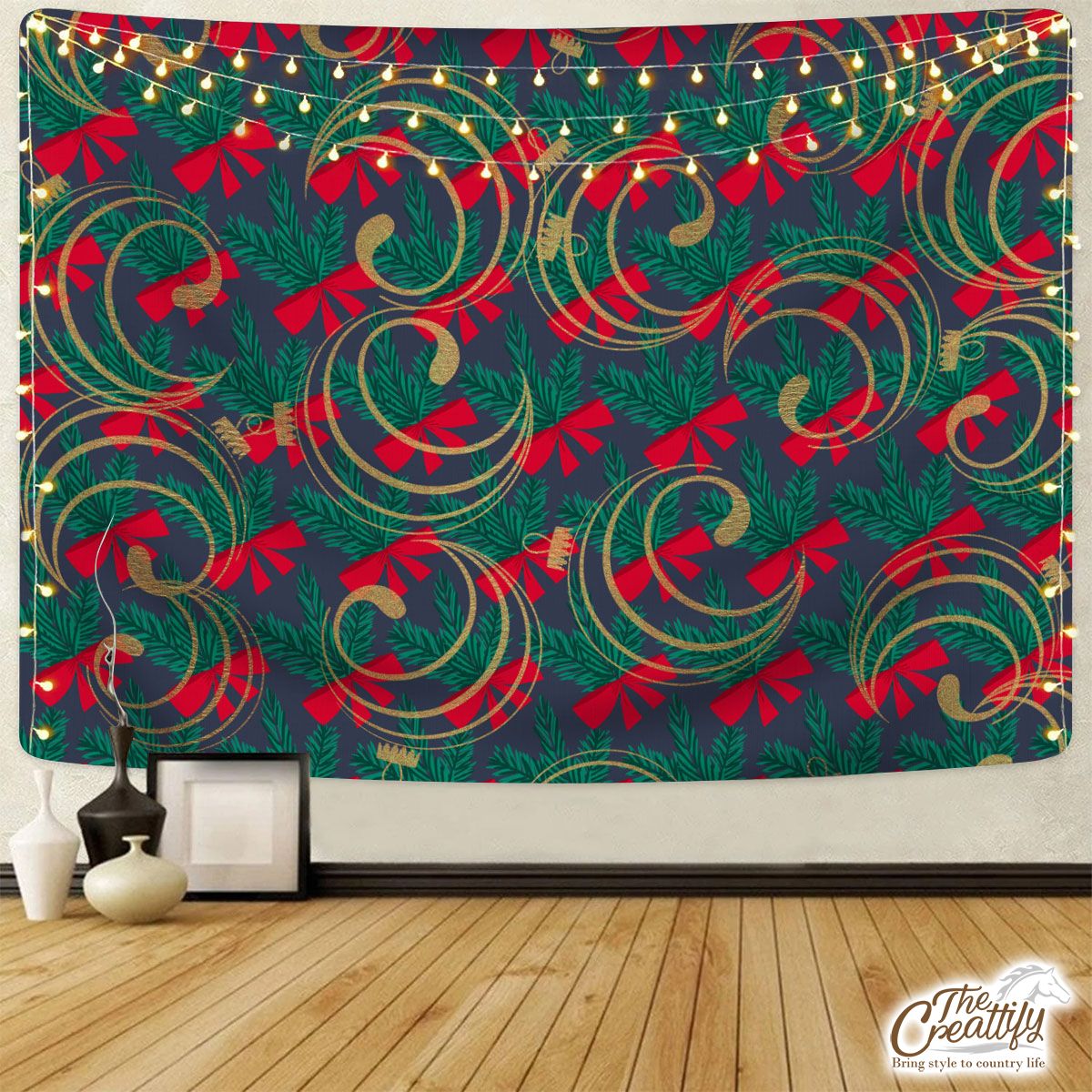 Happy Christmas With Red Christmas Bows On Tree Branch Seamless Dark Pattern Tapestry