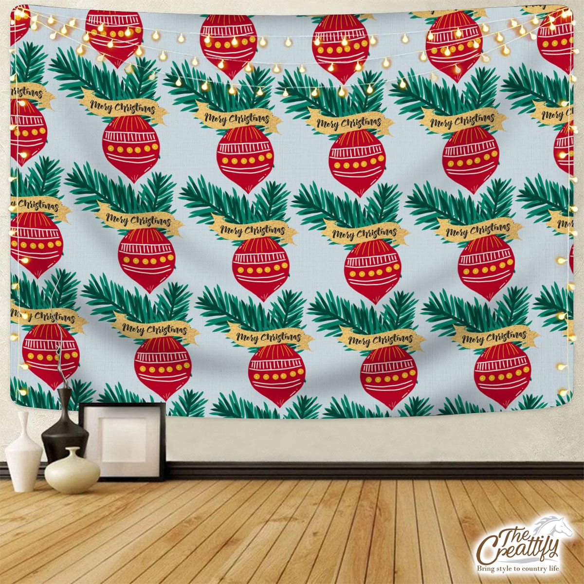 Merry Christmas Balls With Pine Tree Branch Seamless Pattern Tapestry