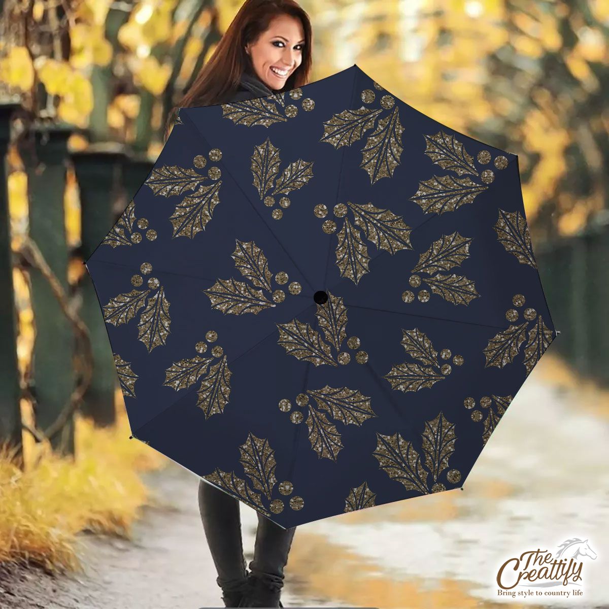 Christmas Gold Glitter Holly Leaves Blue Navy Pattern Umbrella