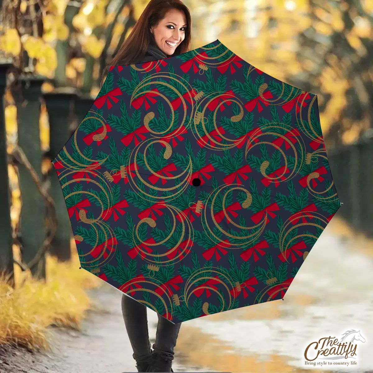 Happy Christmas With Red Christmas Bows On Tree Branch Seamless Dark Pattern Umbrella
