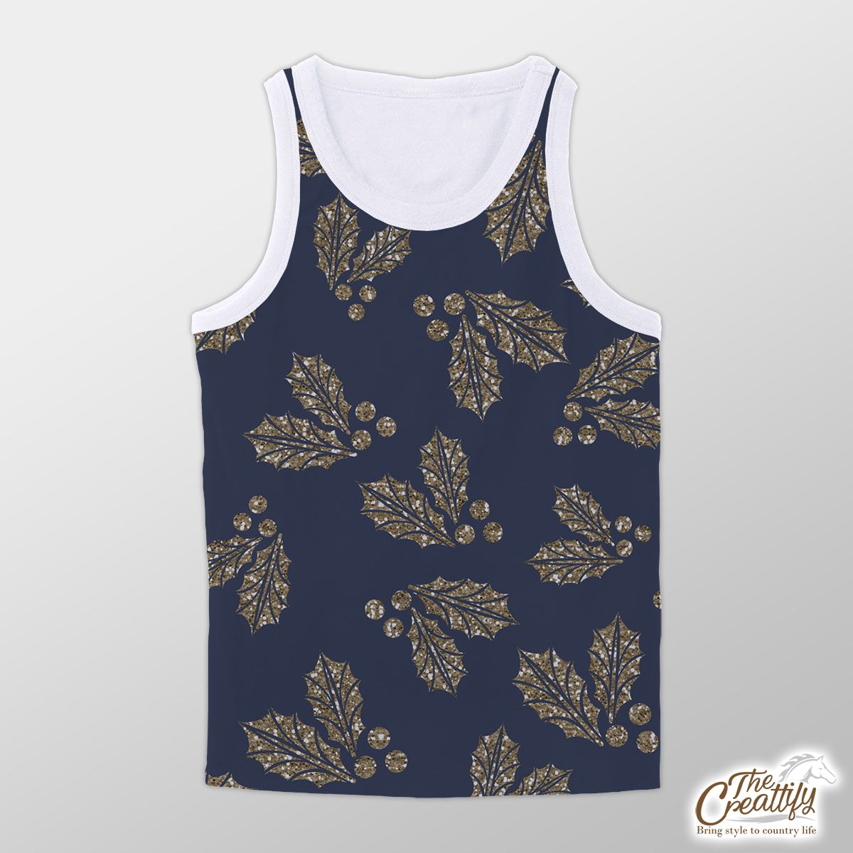 Christmas Gold Glitter Holly Leaves Blue Navy Pattern Unisex Tank Top