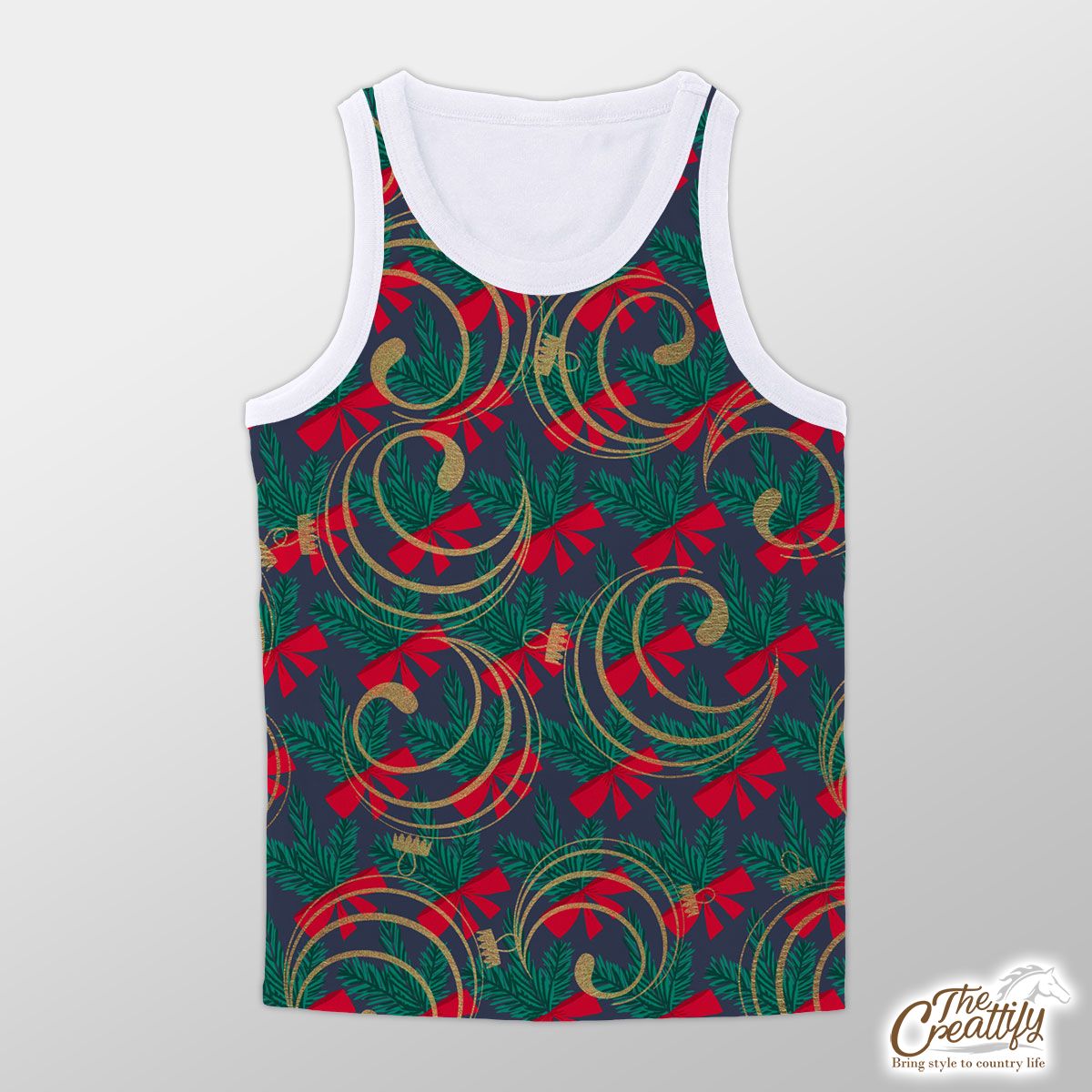 Happy Christmas With Red Christmas Bows On Tree Branch Seamless Dark Pattern Unisex Tank Top