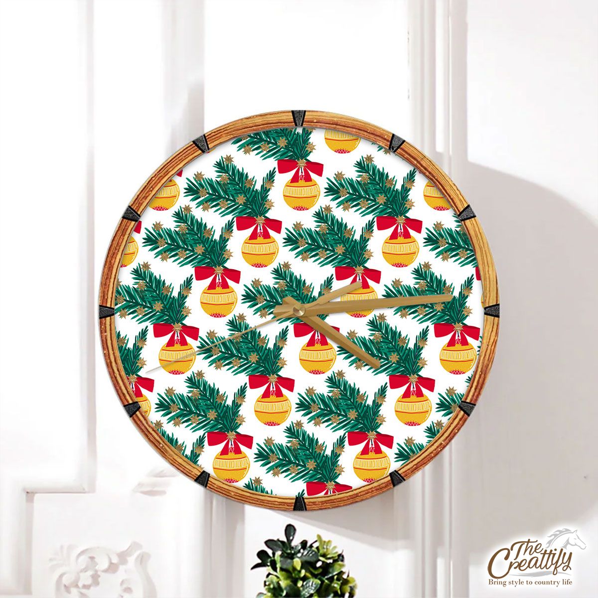 Christmas Balls With Pine Tree Branch Seamless Pattern Wall Clock