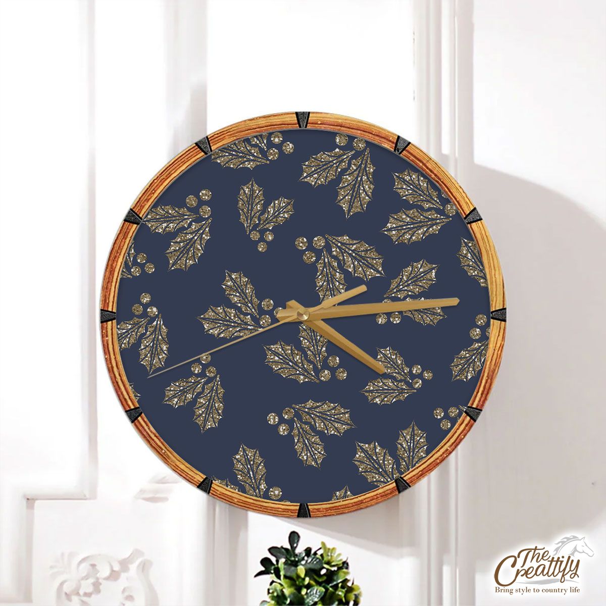 Christmas Gold Glitter Holly Leaves Blue Navy Pattern Wall Clock