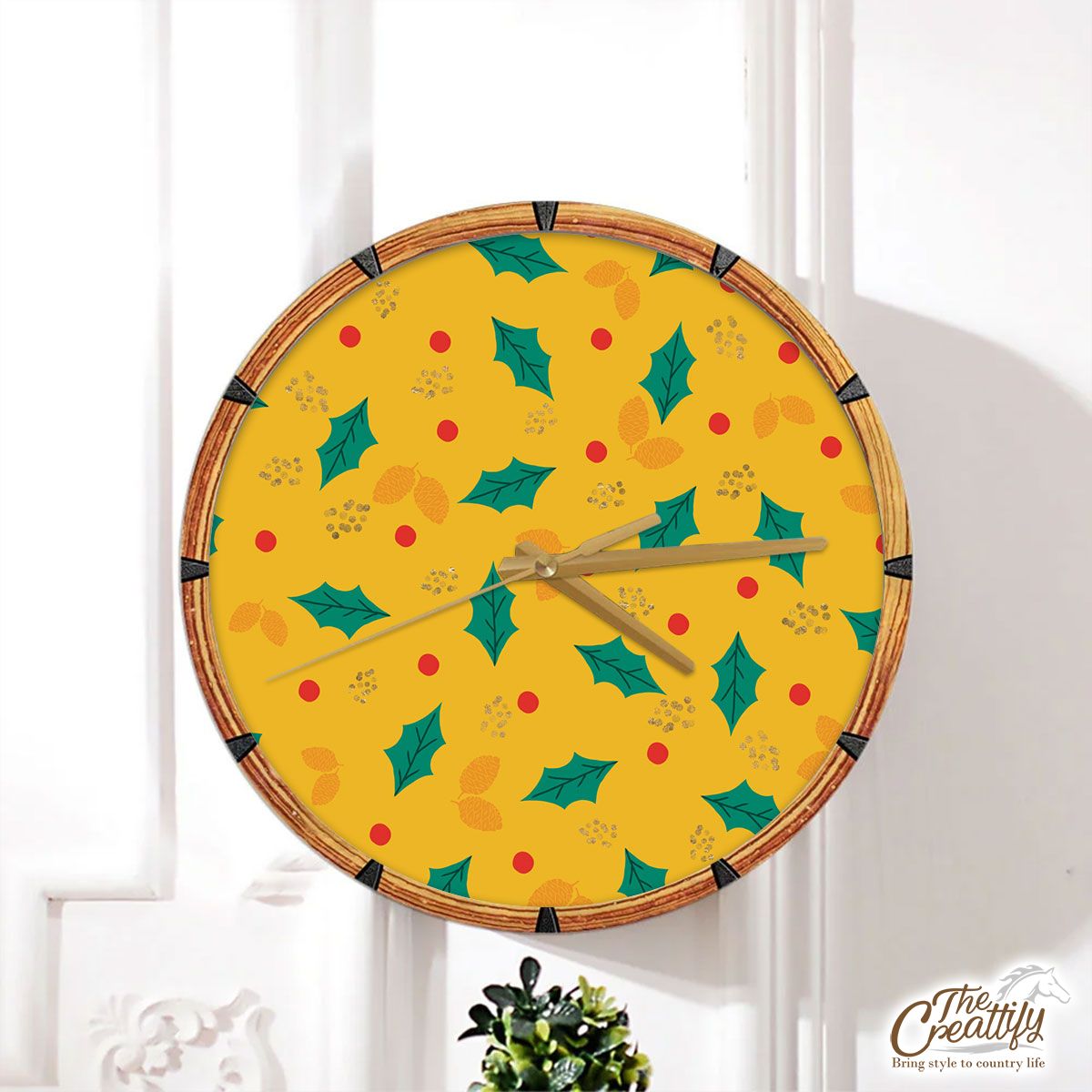 Christmas Holly Left AndCranberry Seamless Orange Pattern Wall Clock