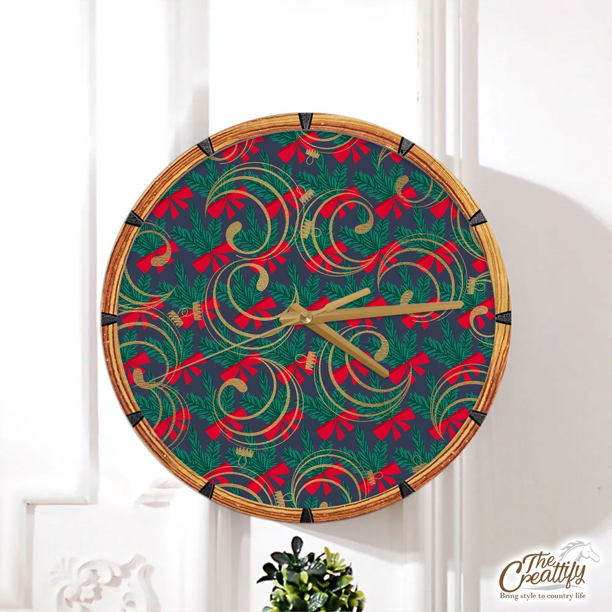 Happy Christmas With Red Christmas Bows On Tree Branch Seamless Dark Pattern Wall Clock