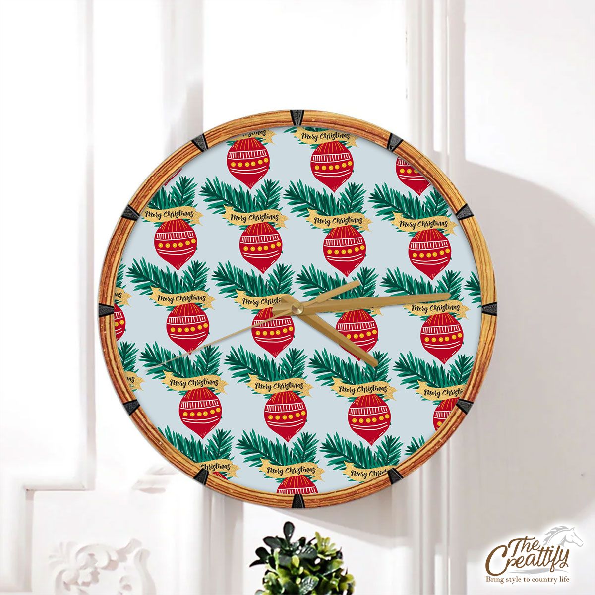 Merry Christmas Balls With Pine Tree Branch Seamless Pattern Wall Clock