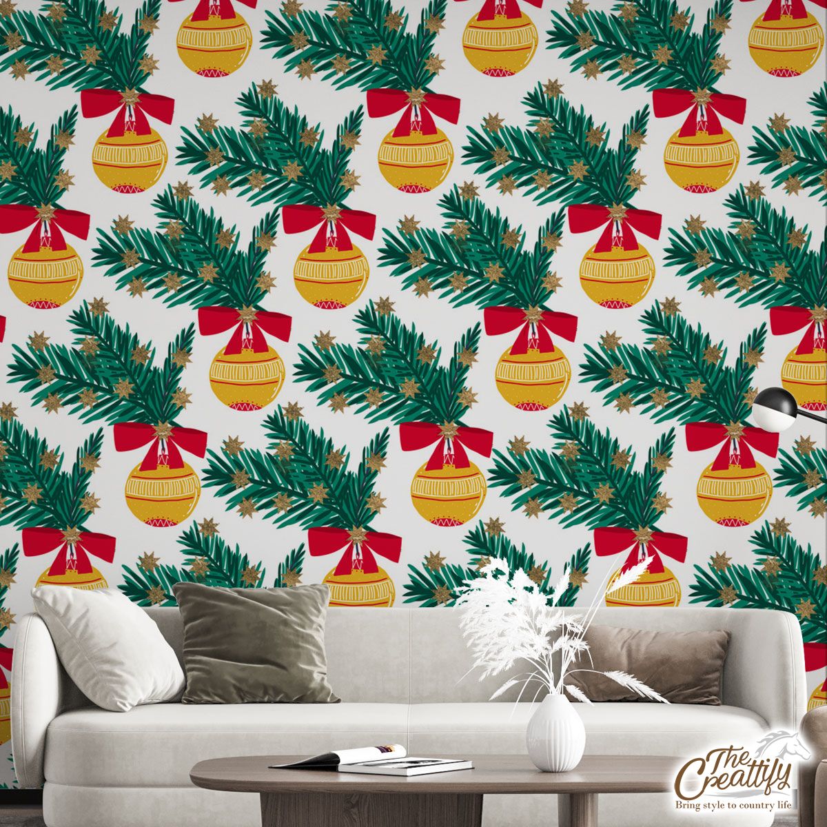 Christmas Balls With Pine Tree Branch Seamless Pattern Wall Mural
