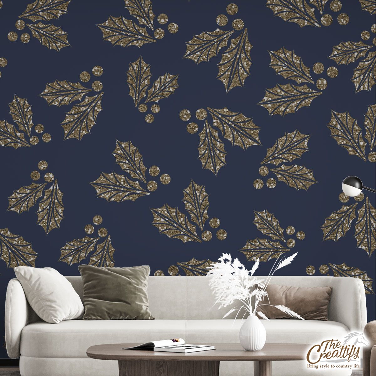 Christmas Gold Glitter Holly Leaves Blue Navy Pattern Wall Mural