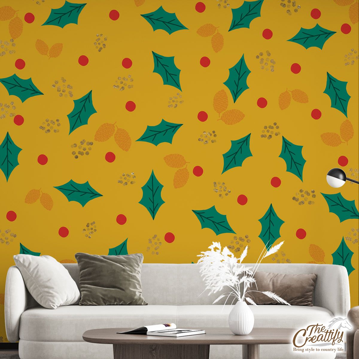 Christmas Holly Left AndCranberry Seamless Orange Pattern Wall Mural