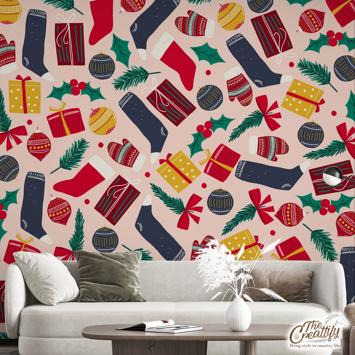 Happy Christmas With Full Of Red Socks, Christmas Balls, Gifts, Holly Left And Wool Gloves Pattern Wall Mural