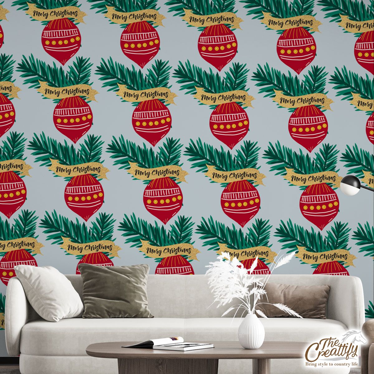 Merry Christmas Balls With Pine Tree Branch Seamless Pattern Wall Mural