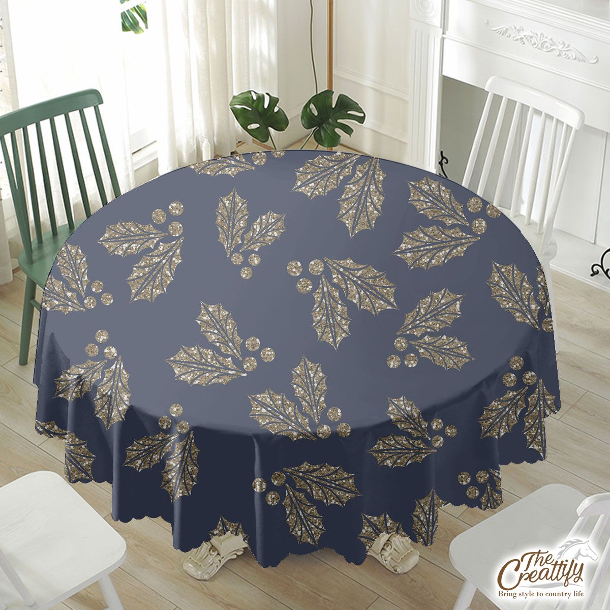 Christmas Gold Glitter Holly Leaves Blue Navy Pattern Waterproof Tablecloth