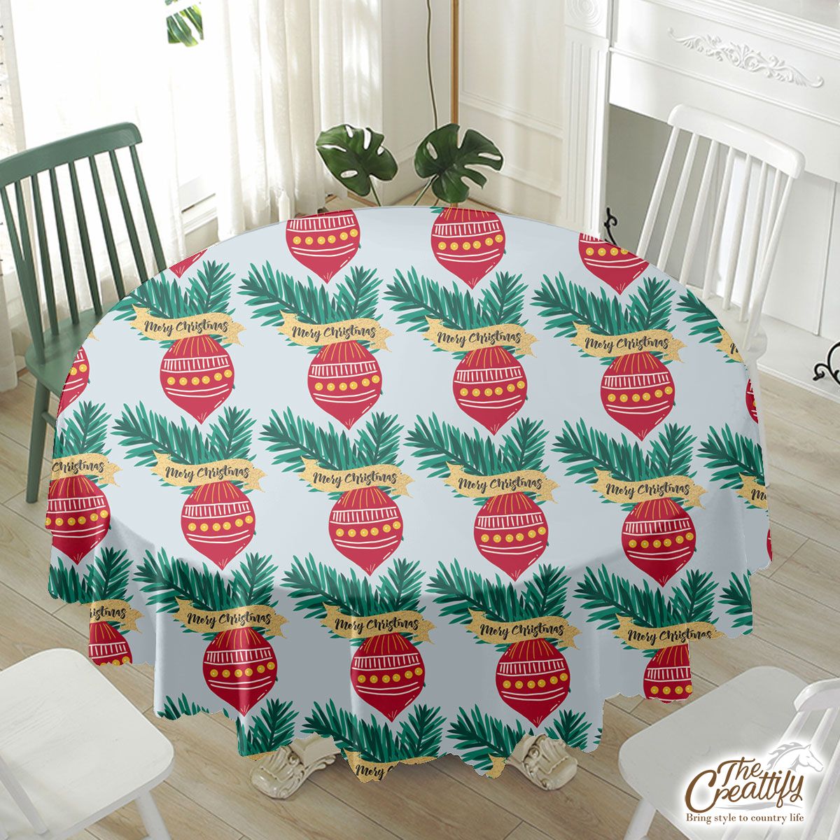 Merry Christmas Balls With Pine Tree Branch Seamless Pattern Waterproof Tablecloth