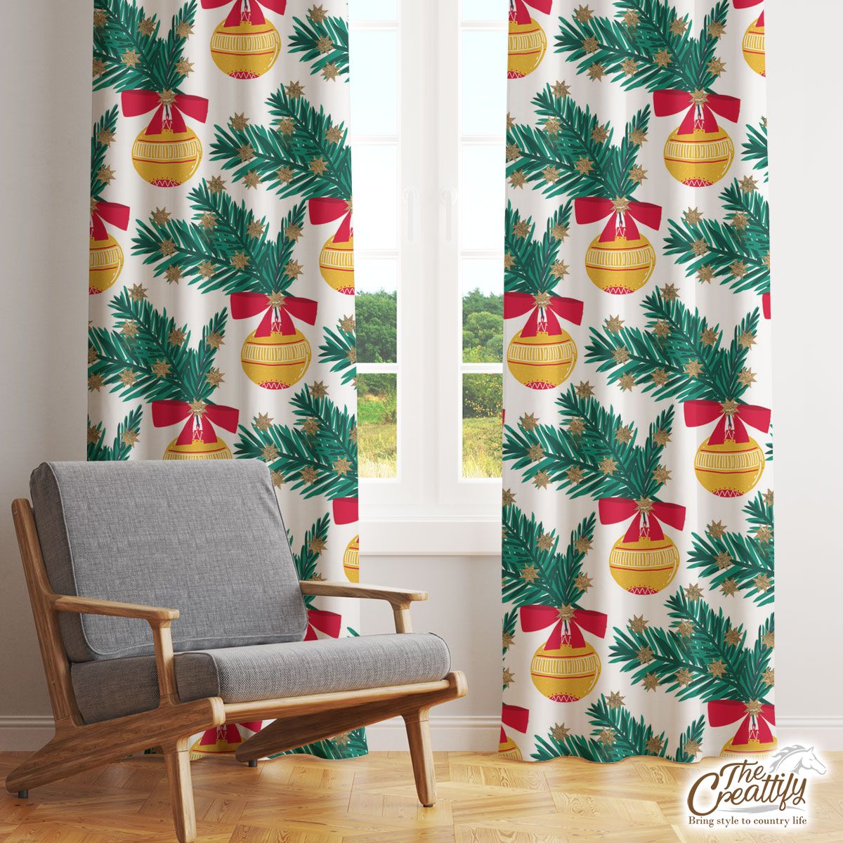 Christmas Balls With Pine Tree Branch Seamless Pattern Window Curtain