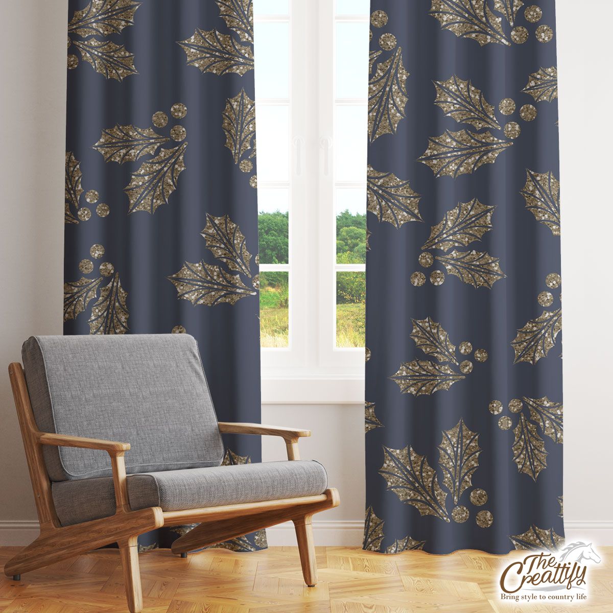 Christmas Gold Glitter Holly Leaves Blue Navy Pattern Window Curtain
