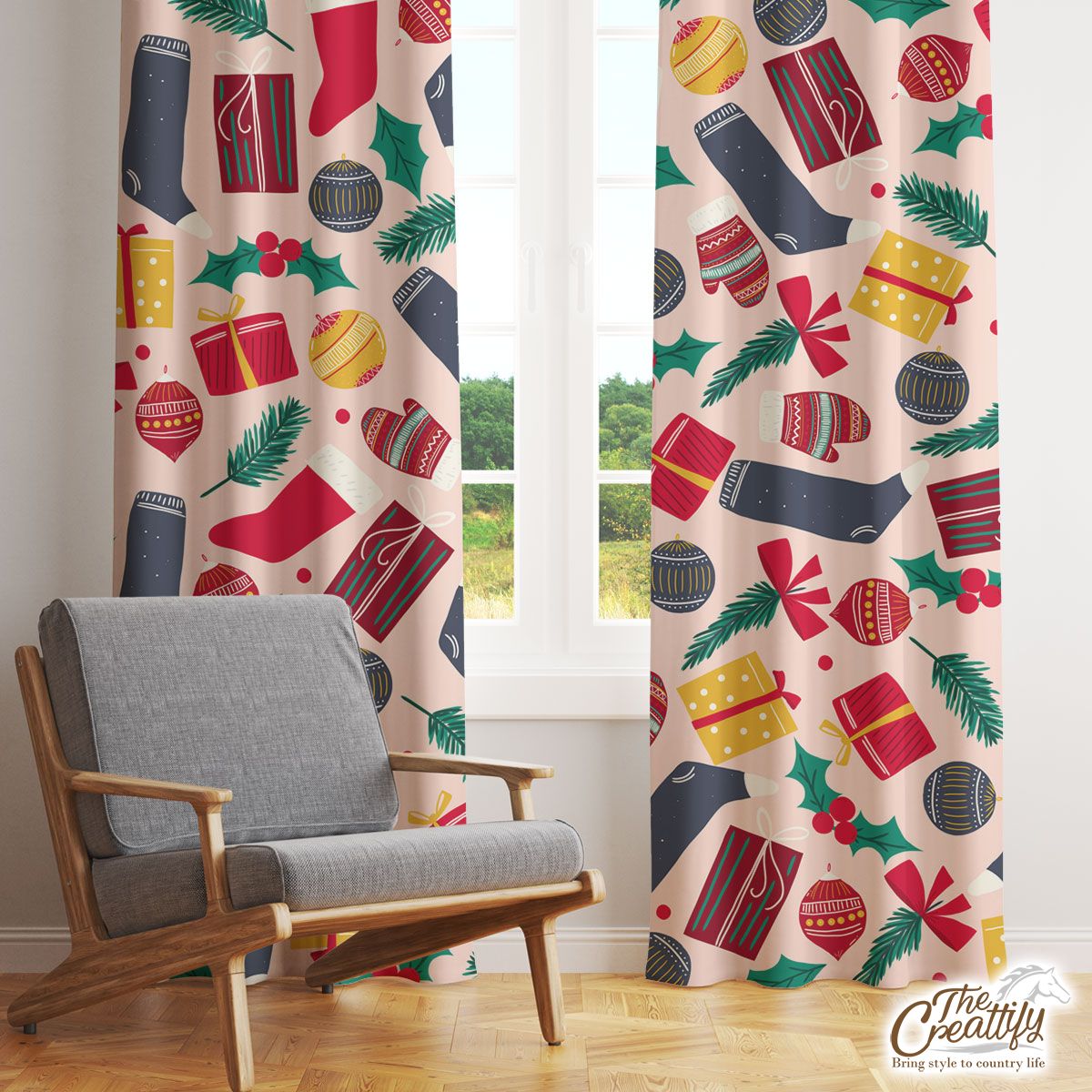 Happy Christmas With Full Of Red Socks, Christmas Balls, Gifts, Holly Left And Wool Gloves Pattern Window Curtain