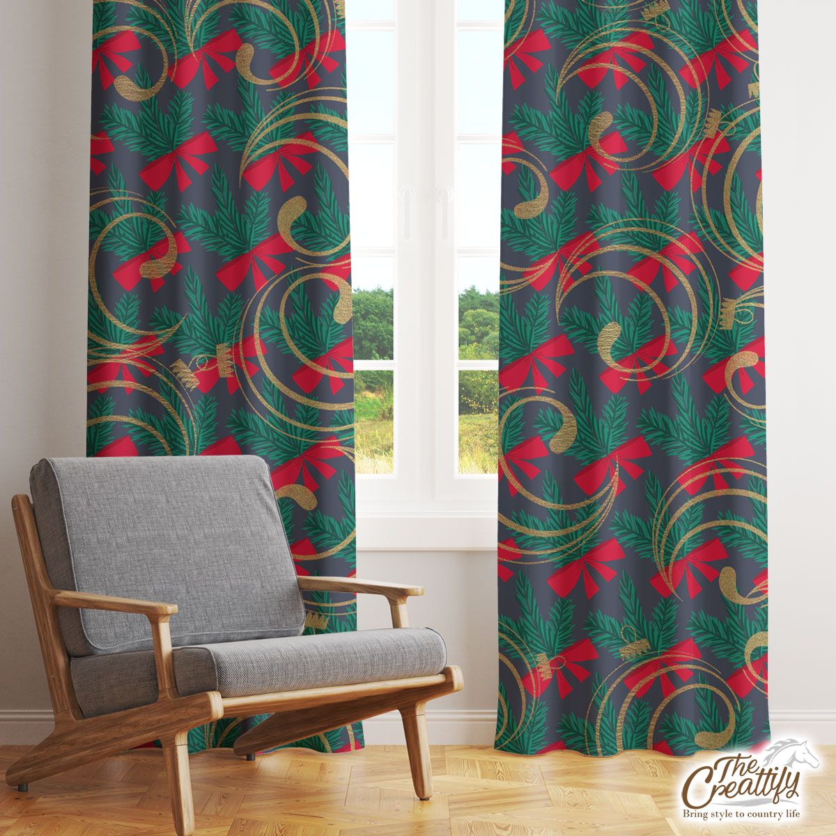 Happy Christmas With Red Christmas Bows On Tree Branch Seamless Dark Pattern Window Curtain