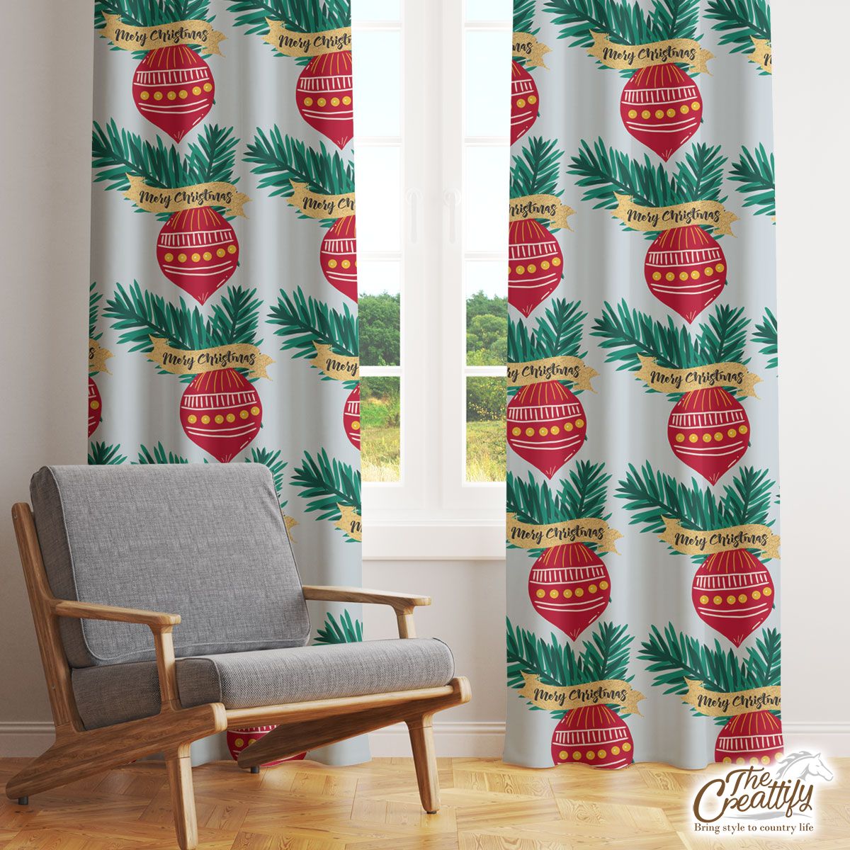 Merry Christmas Balls With Pine Tree Branch Seamless Pattern Window Curtain
