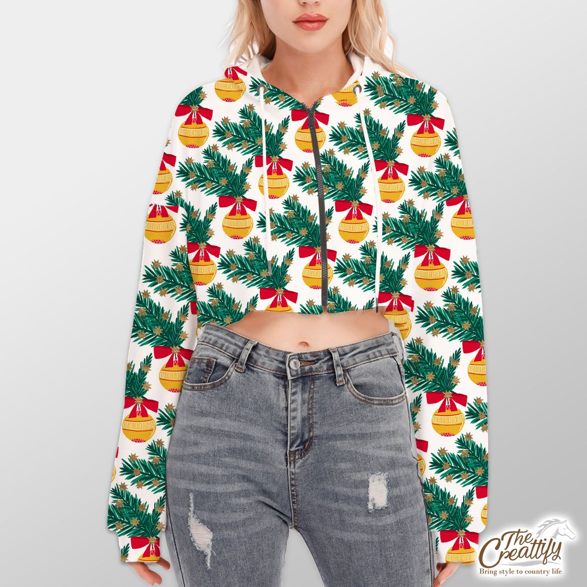 Christmas Balls With Pine Tree Branch Seamless Pattern Hoodie With Zipper Closure