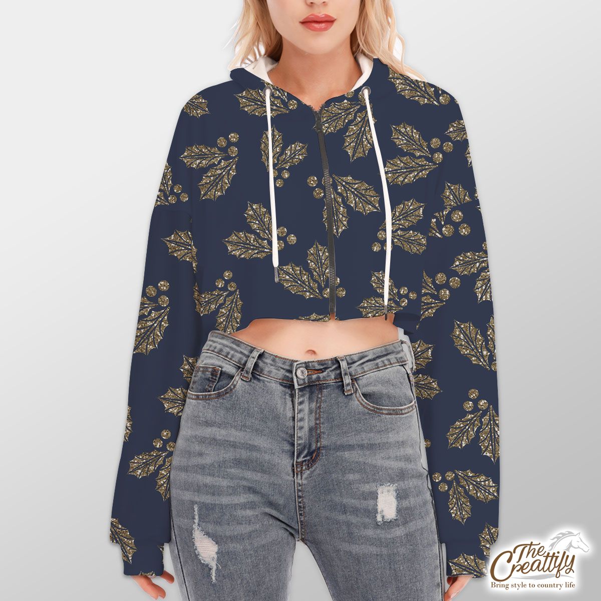 Christmas Gold Glitter Holly Leaves Blue Navy Pattern Hoodie With Zipper Closure