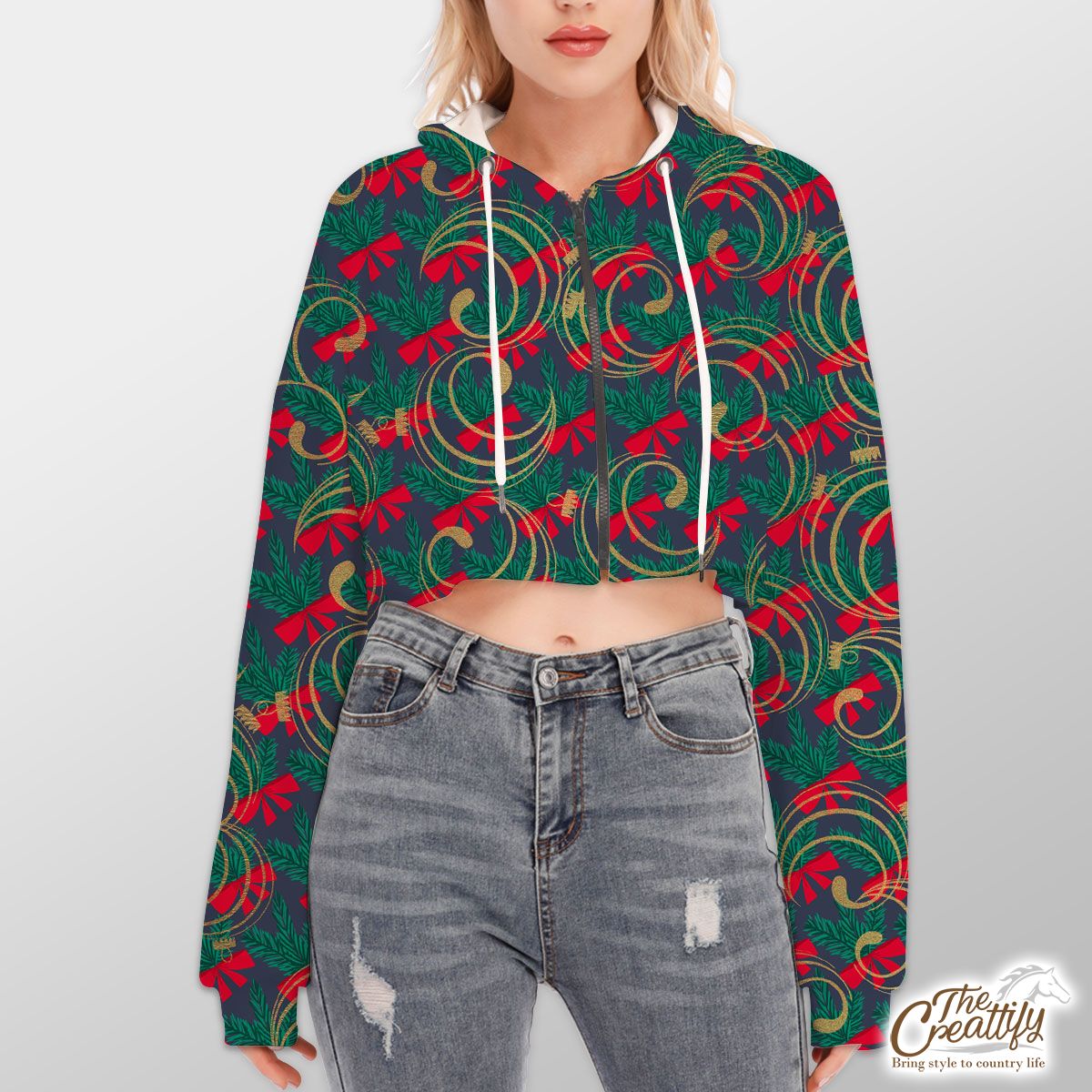 Happy Christmas With Red Christmas Bows On Tree Branch Seamless Dark Pattern Hoodie With Zipper Closure