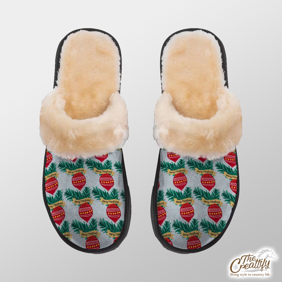 Merry Christmas Balls With Pine Tree Branch Seamless Pattern Home Plush Slippers