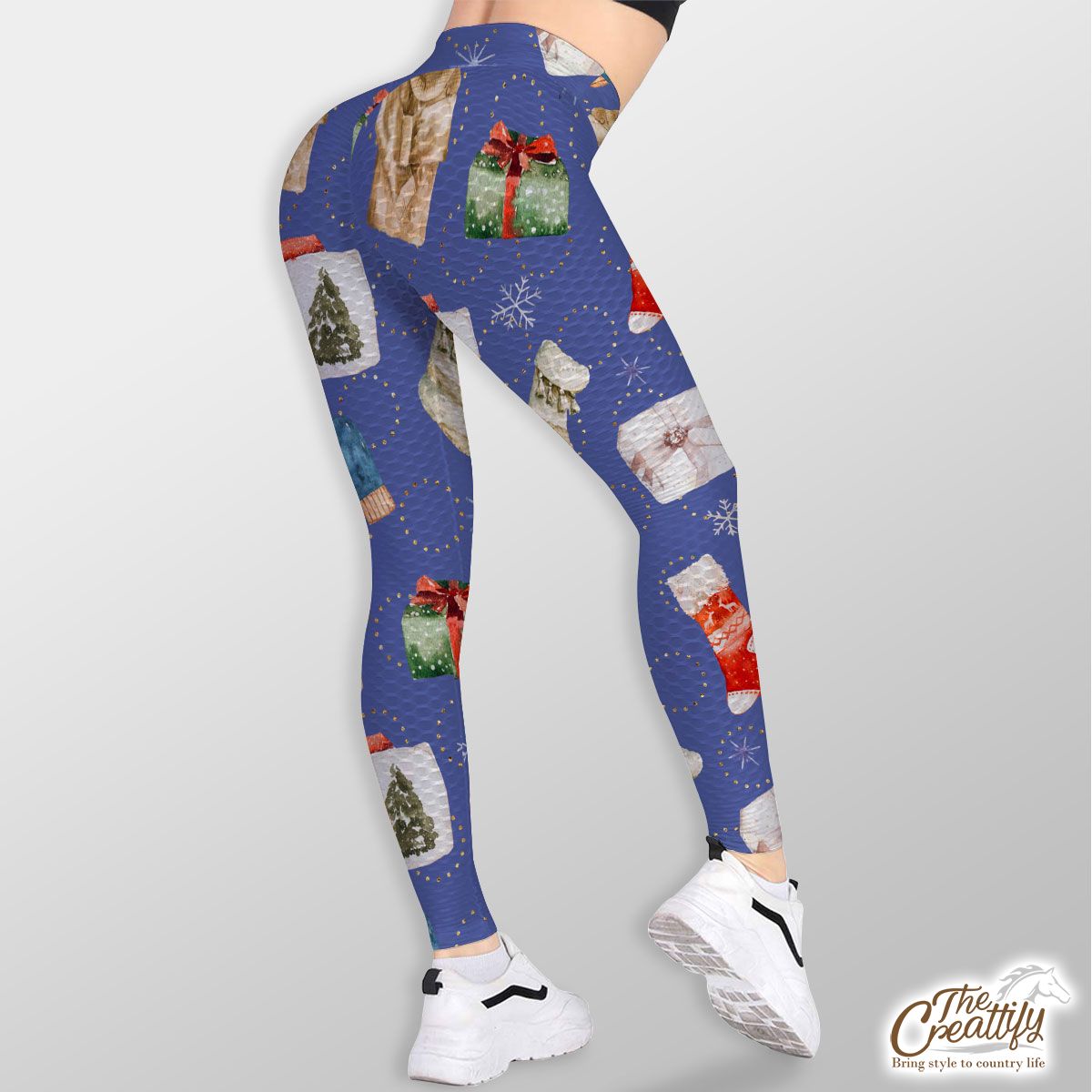 Christmas Gifts, Red Socks, Wool Gloves And Ugly Christmas Sweater Snowflake Blue Pattern TikTok Leggings