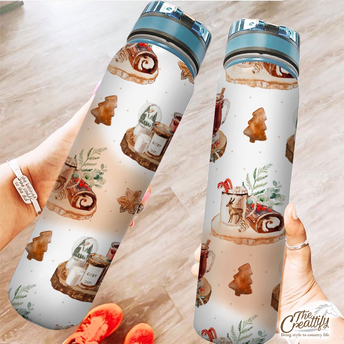 Christmas Candles, Snow Globe, Hot Cocoa, Gingerbread And Cake White Pattern Tracker Bottle