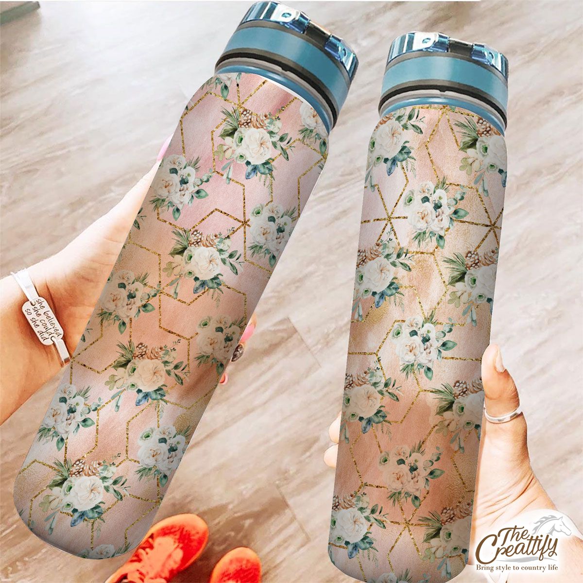 Rose Flower With Christmas Tree Branch Seamless Pattern Tracker Bottle