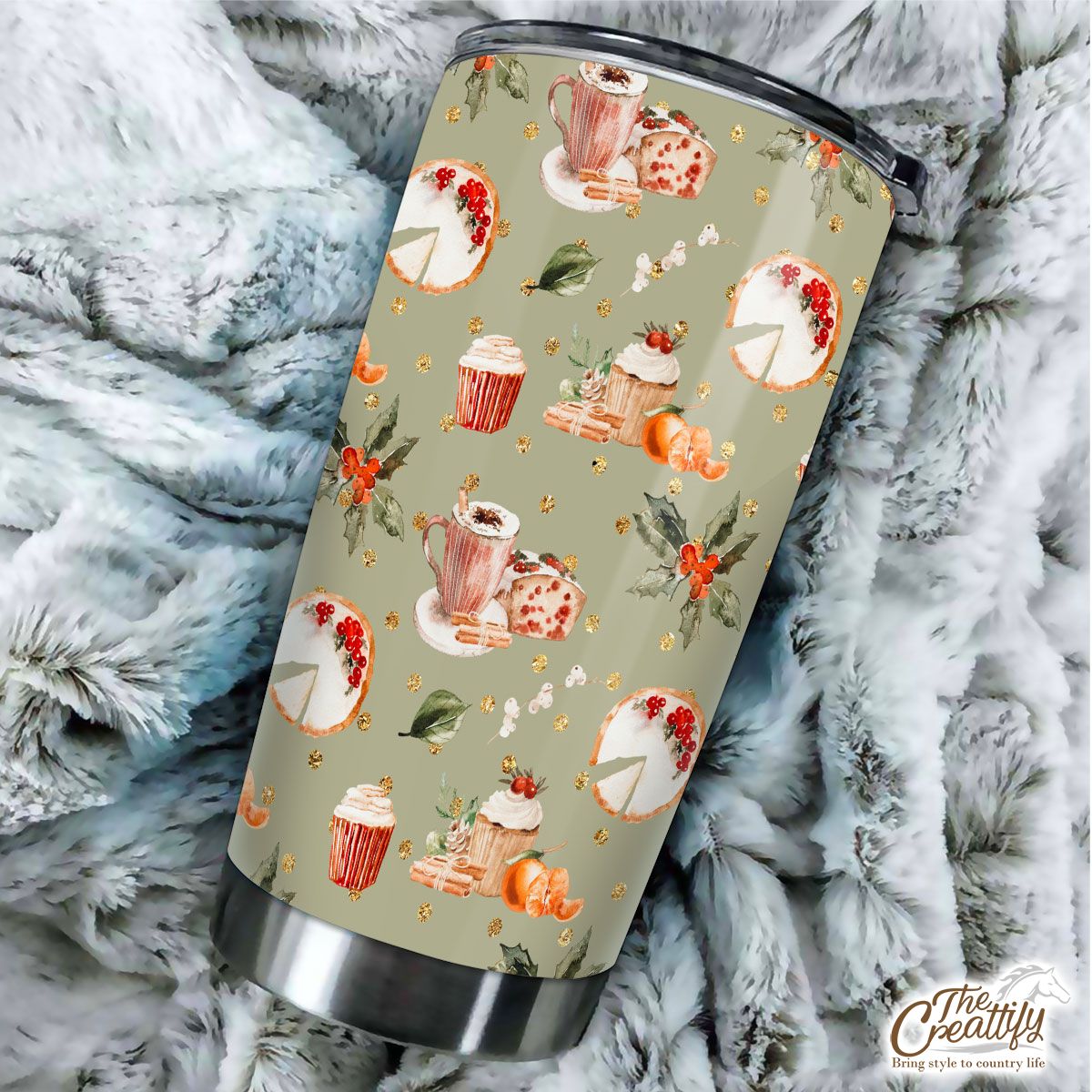 Christmas Cupcakes, Hot Cocoa, Cinnamon, Orange And Holly Leaves Seamless Pattern Tumbler
