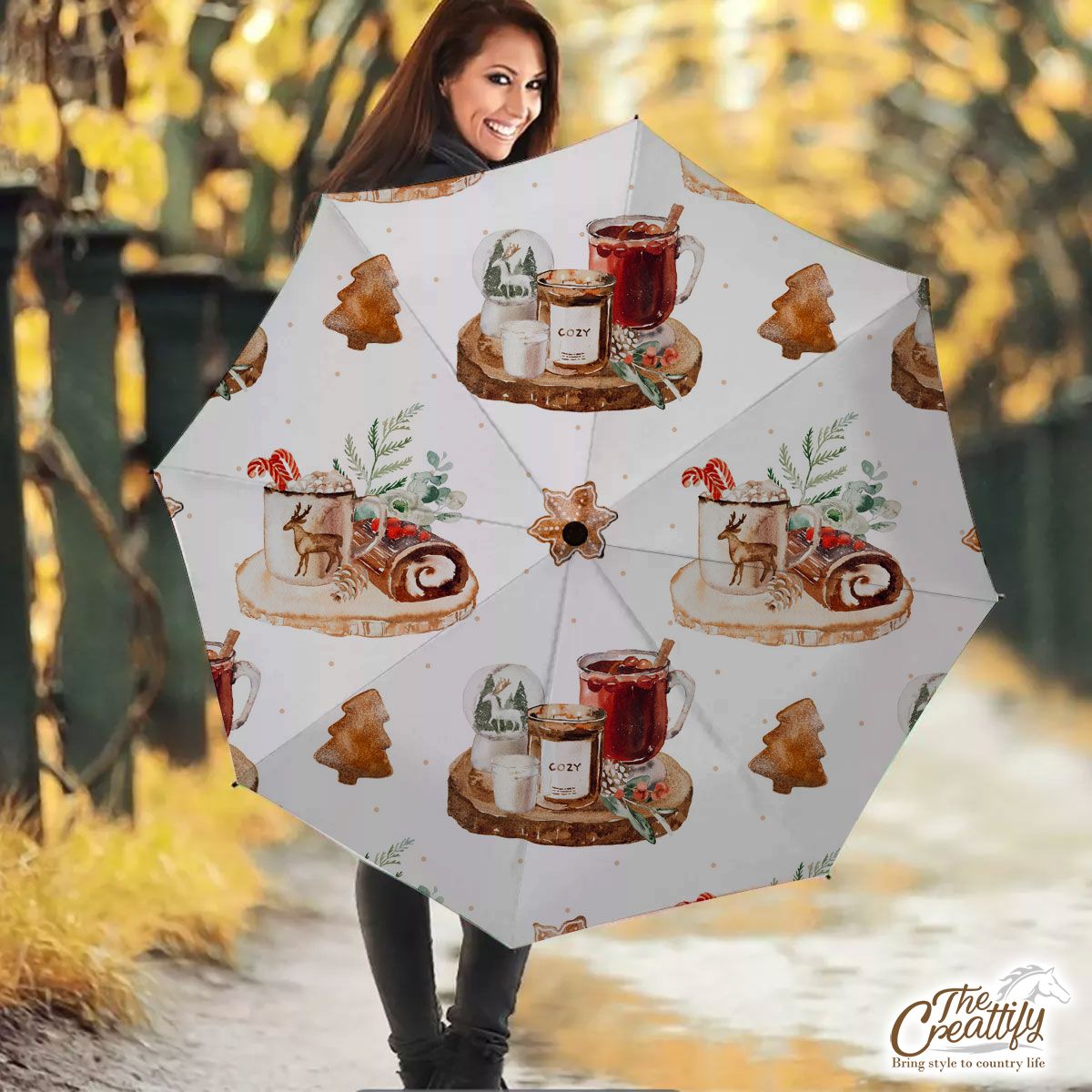 Christmas Candles, Snow Globe, Hot Cocoa, Gingerbread And Cake White Pattern Umbrella