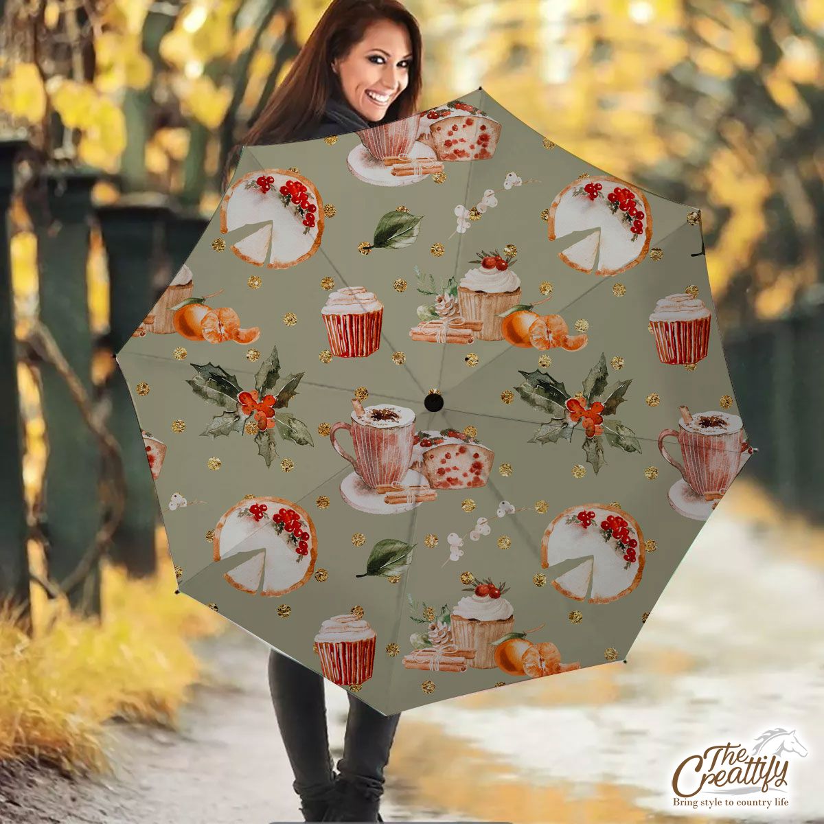 Christmas Cupcakes, Hot Cocoa, Cinnamon, Orange And Holly Leaves Seamless Pattern Umbrella