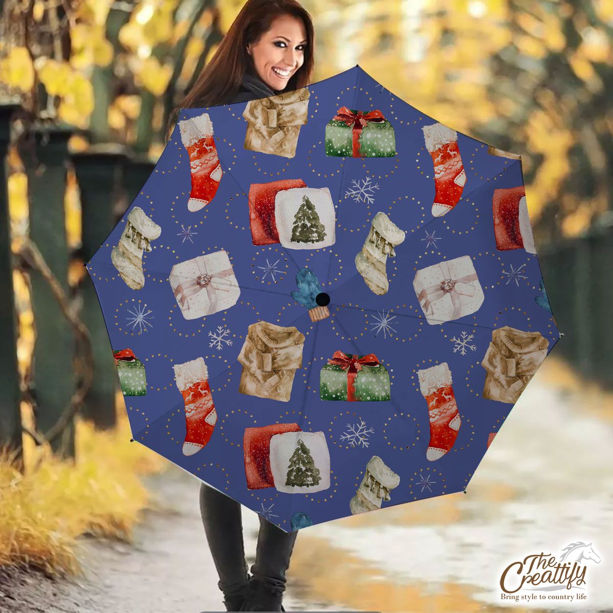 Christmas Gifts, Red Socks, Wool Gloves And Ugly Christmas Sweater Snowflake Blue Pattern Umbrella