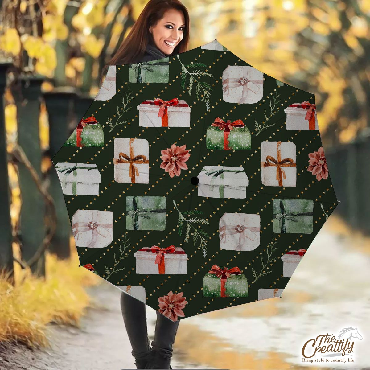 Christmas Gifts, Tree Branch Seamless Green Pattern Umbrella