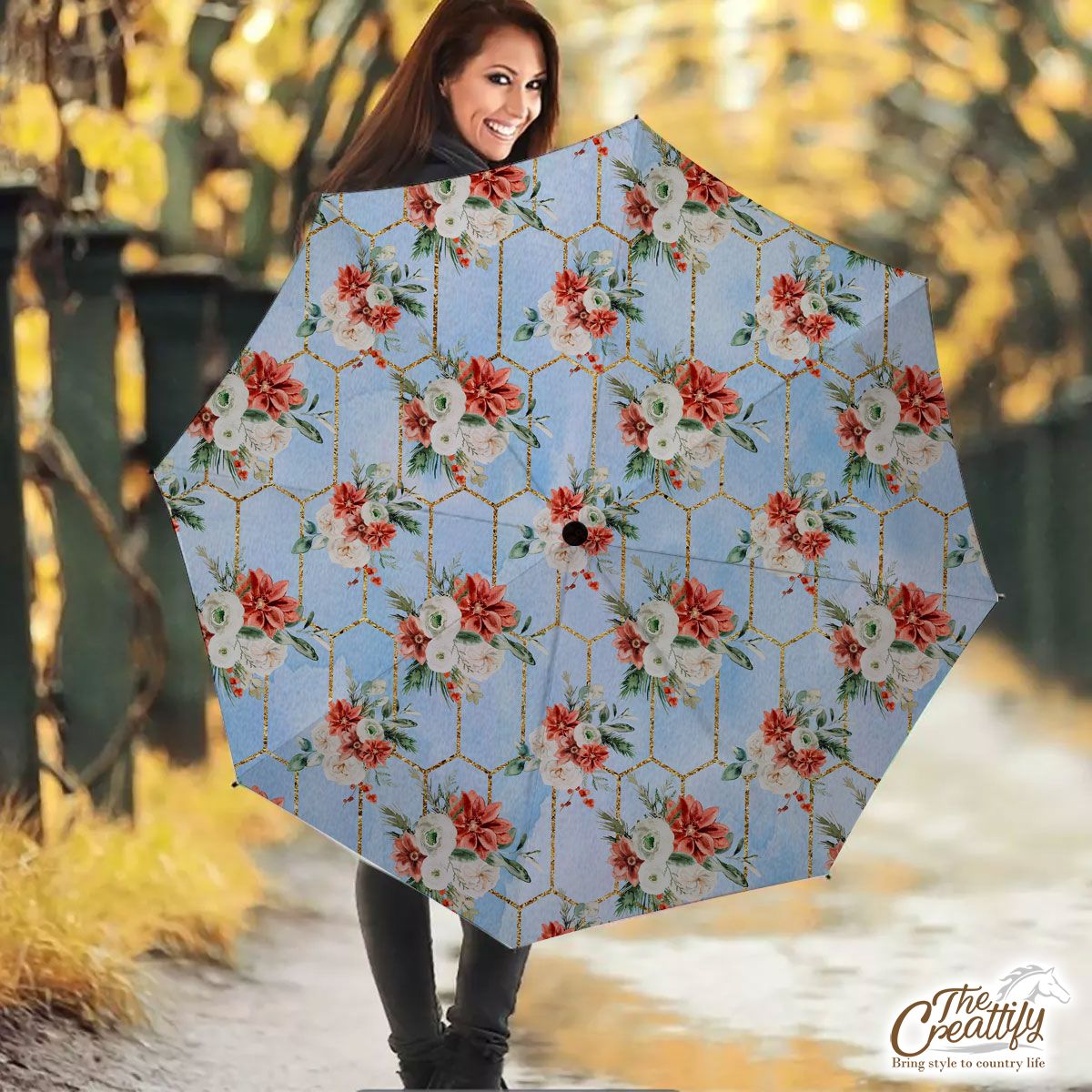 Rose Flower With Christmas Tree Branch And Mistletoe Seamless Pattern Umbrella