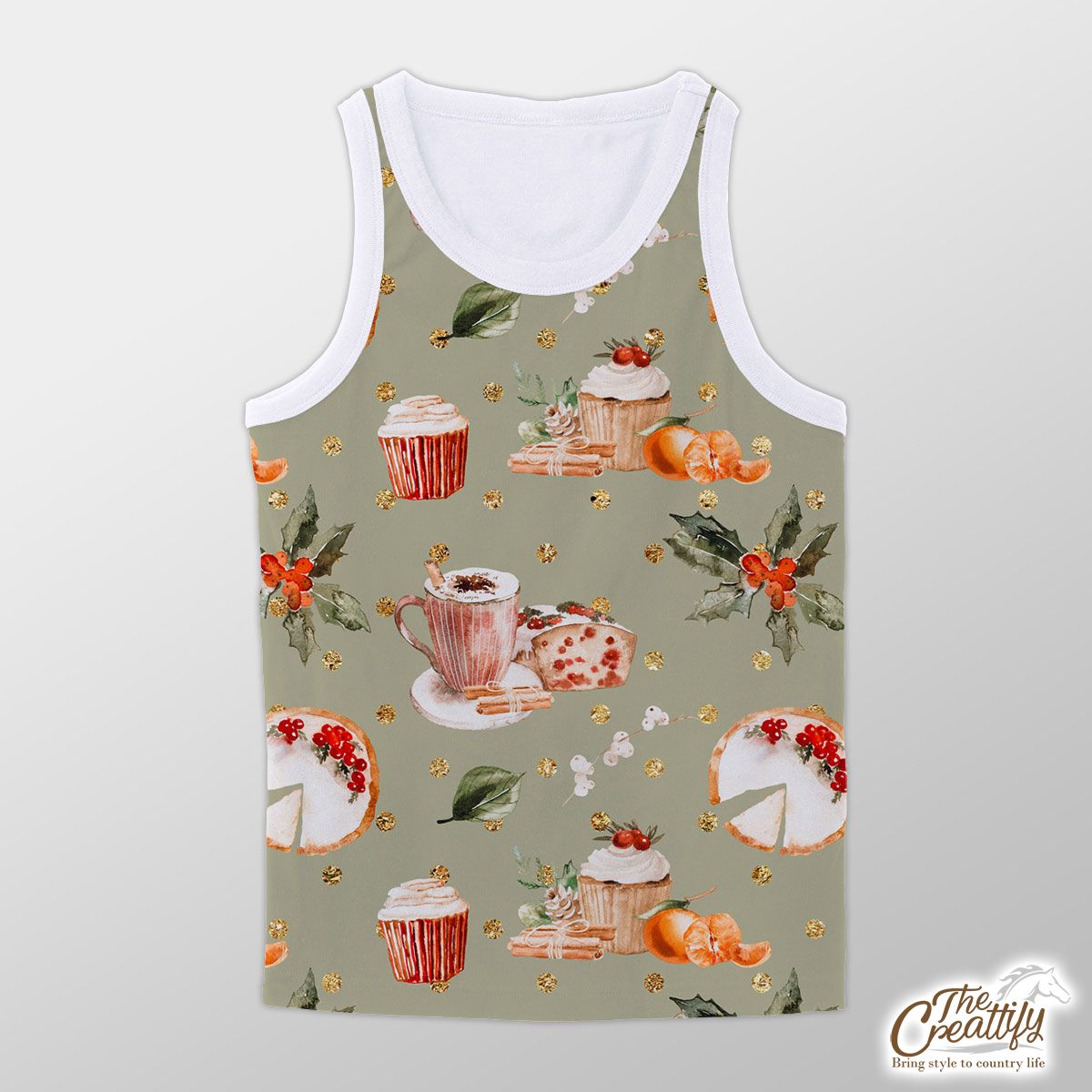 Christmas Cupcakes, Hot Cocoa, Cinnamon, Orange And Holly Leaves Seamless Pattern Unisex Tank Top
