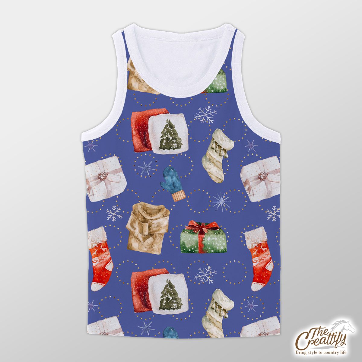 Christmas Gifts, Red Socks, Wool Gloves And Ugly Christmas Sweater Snowflake Blue Pattern Unisex Tank Top